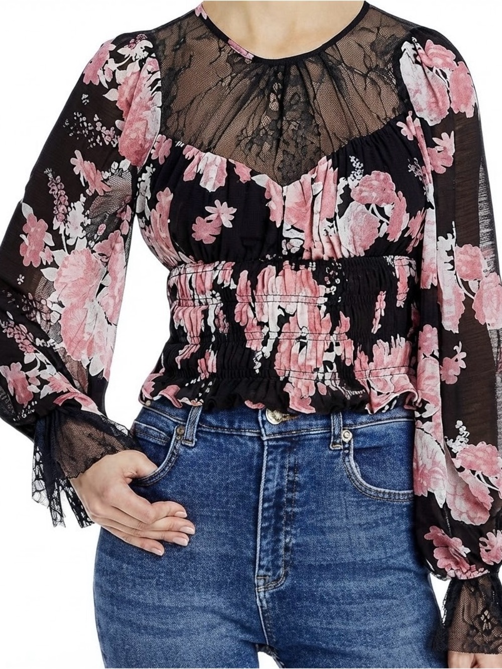 Free People Daphne Floral Lace Sheer Smocked Top Blouse Midnight Combo Size XS
